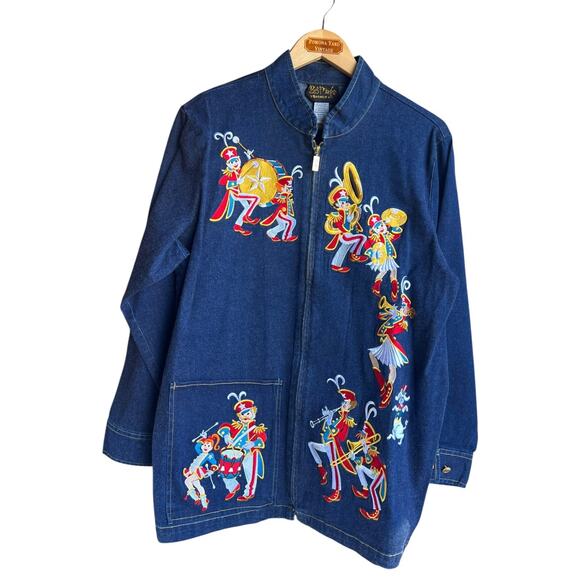 Bob Mackie Wearable Art 90s Marching Band Embroidered Denim Blue Jacket Size 1X - Picture 1 of 14